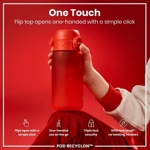 A red water bottle is held; its flip top opens one-handed. The background is red; text highlights ease of use and leakproof design. "One Touch," "Flip top opens one-handed with a simple click," "Flips open with a simple click," "One-handed use on the go," "Triple lock security," "100% leak proof - no twisting, no leaks," and "POD RECYCLON™" are visible.