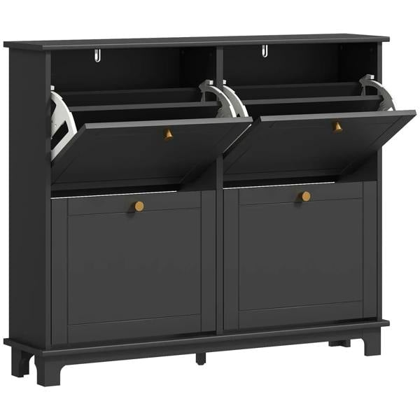 Narrow black shoe storage cabinet with four flip drawers, open front, adjustable shelves.