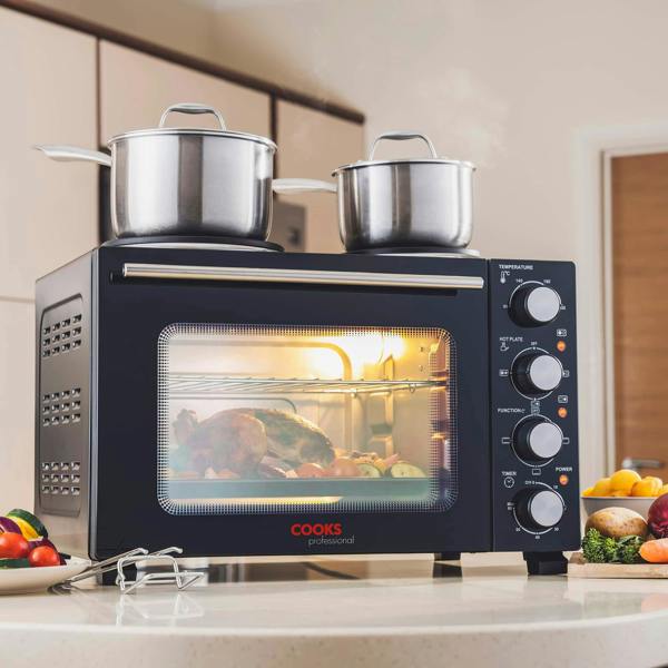 Cooks Professional 28L Mini Oven with 2 Hobs | Black / Silver