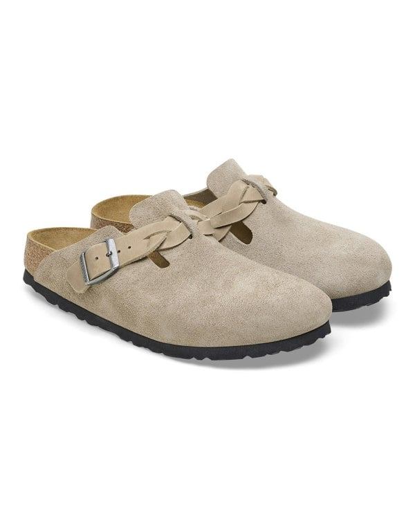 Birkenstock Boston Braided Suede Leather Womens Clogs - Taupe - CHO - Designer Womens Clogs
