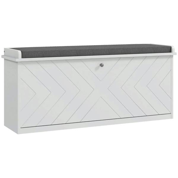 Shoe storage bench with padded gray seat and white cabinet, front door closed