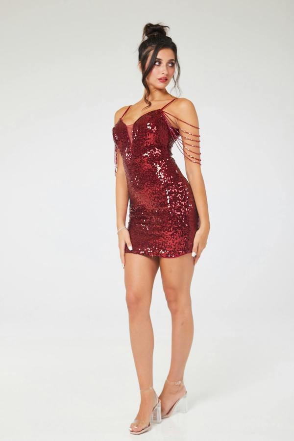 LuvForever Wine Jewelled Shoulder Sequin Mini Dress