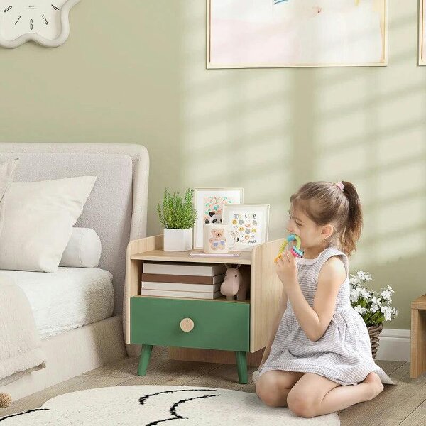 Kids Bedside Table with Drawer and Open Storage Shelf, Wooden Nightstand for Bedroom, Bedside Cabinet, Green - Green