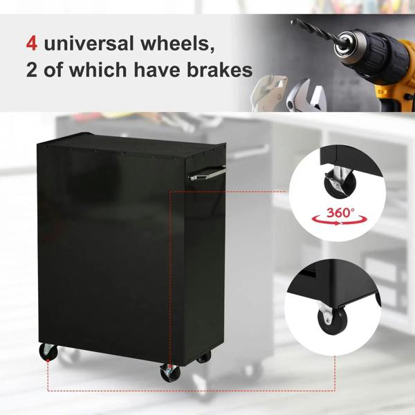Steel tool chest with four swivel casters; two wheels include brakes