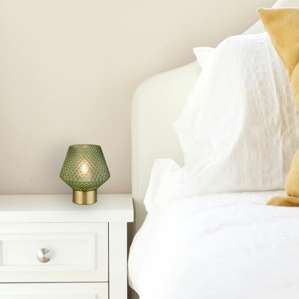 Contemporary Faceted Glass Lamp in Green with Metallic Base