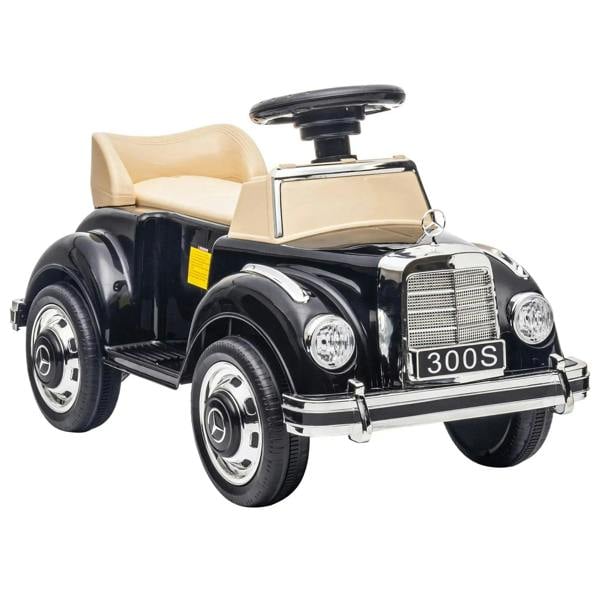 Black Mercedes-Benz 300S ride-on car with beige seat and chrome details