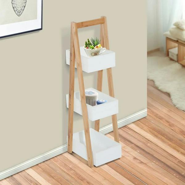 Freestanding 3-tier shower caddy with white shelves and bamboo frame for toiletries