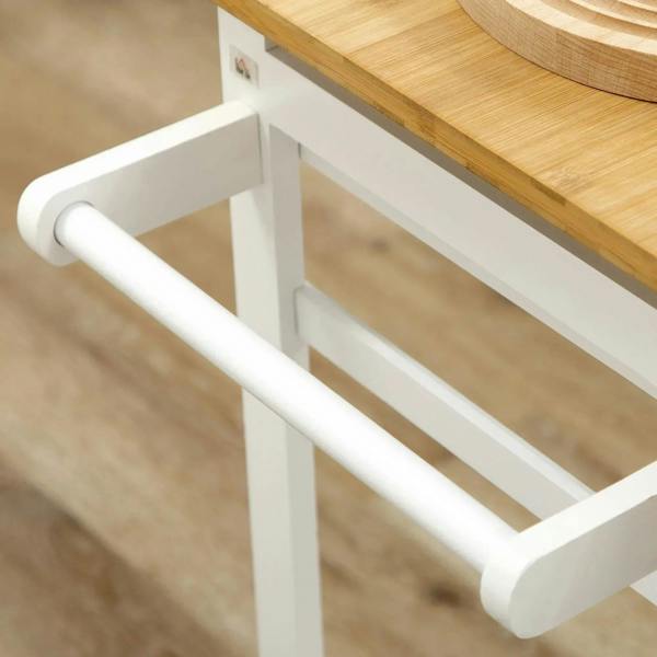 White stool frame with slatted sides beneath bamboo tabletop