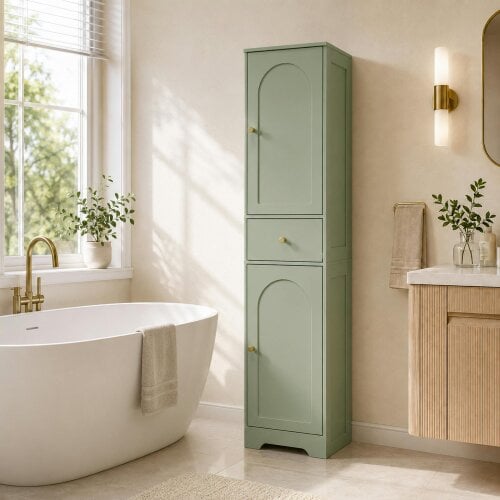 HOMCOM Tall Bathroom Storage Cabinet with Arch Doors and Drawer Light Green