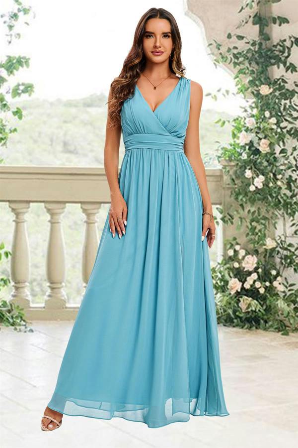 FS Collection V Neck Bridesmaid Maxi Dress In Light Blue