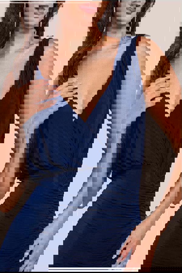 Front Wrap Gathered Maxi Dress - Navy DR3519