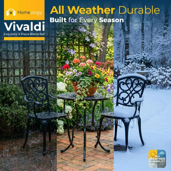 Homeology VIVALDI Black 3-Piece Cast Aluminium Garden Bistro Set - Round Table & 2 Generously Sized Chairs - for Patio, Balcony & Conservatory