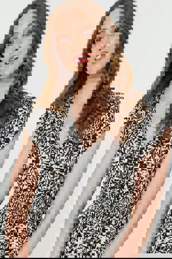 Black | Border Print Shirred Knee Length Dress