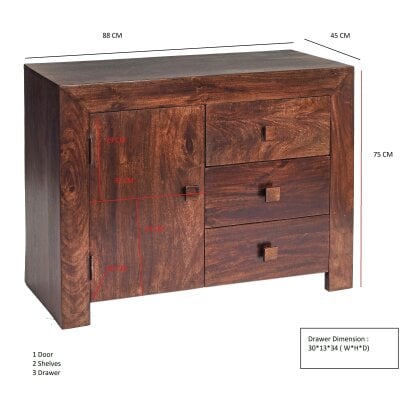 Wyld Haus Phuket Dark Mango Wood 3 Drawer Sideboard 1 Door 3 Drawers