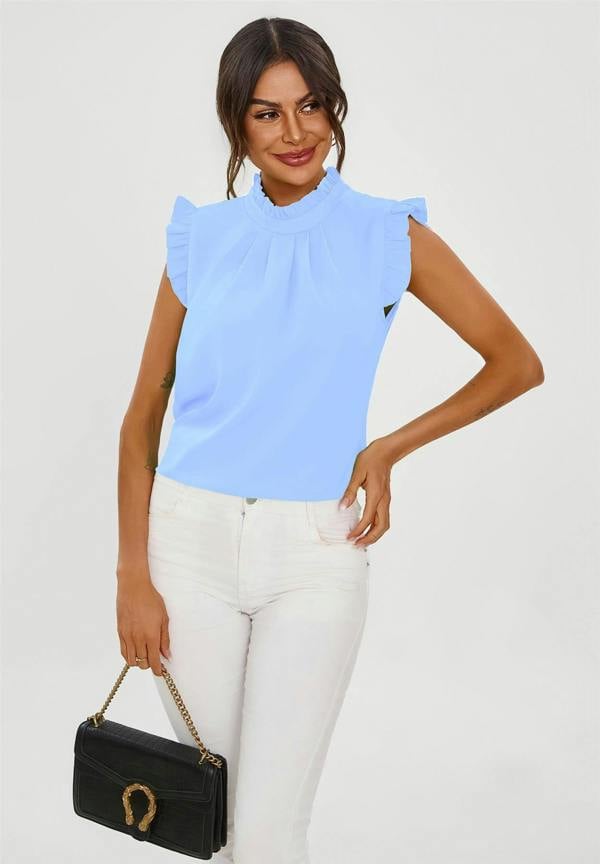 FS Collection Frill Trim Sleeve High Neck Blouse Top In Light Blue
