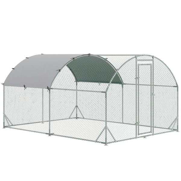 Galvanised chicken run coop with mesh panels, dark fabric cover roof, and side door
