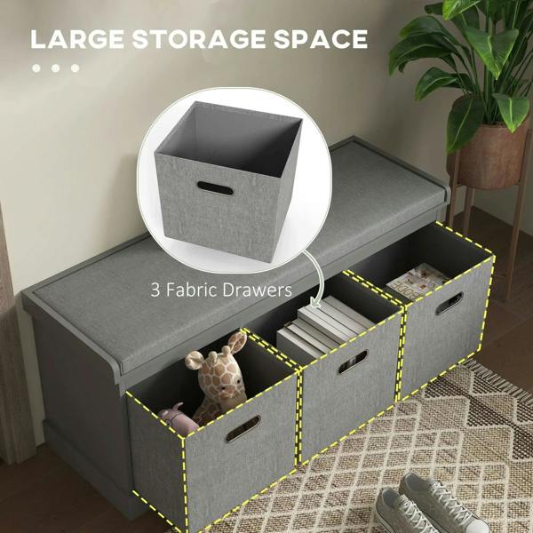Grey shoe storage bench with padded top and open three fabric drawers
