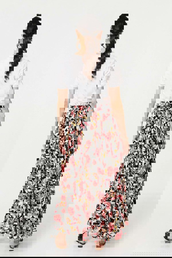 Orange | Floral High Waist A-Line Maxi Skirt
