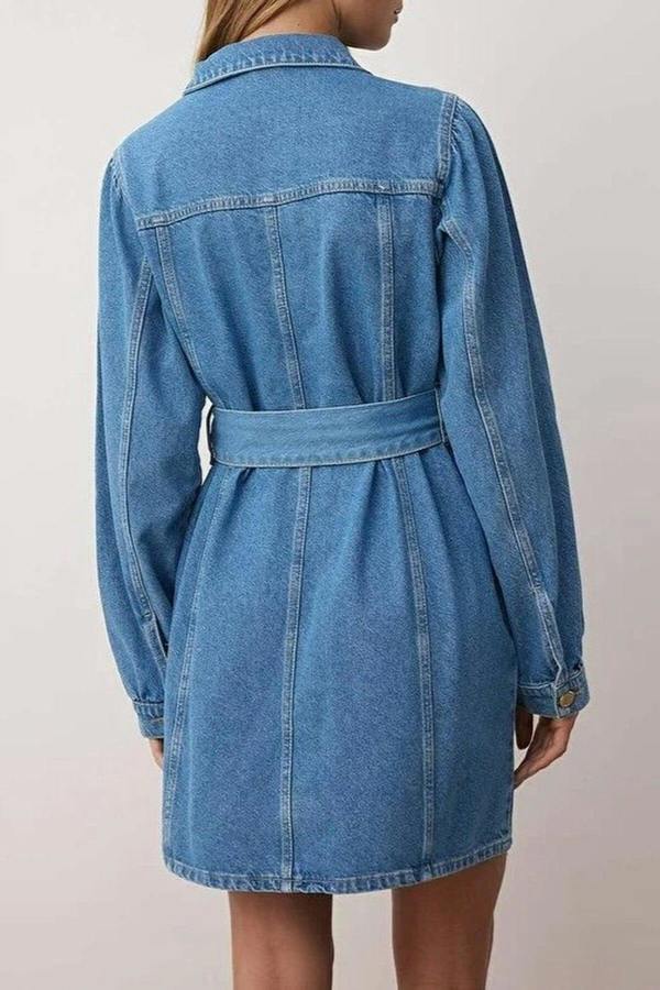 WOVCOR Belted Mini Denim Dress with Zipper and Pocket Details