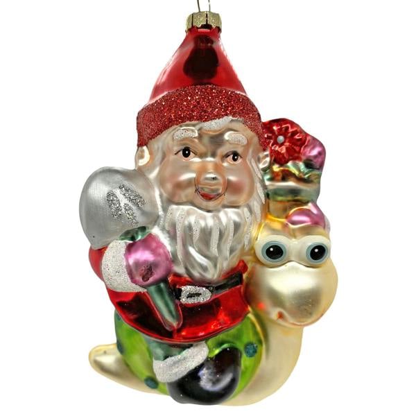 Ferncrest Trading Garden Gnome on a Snail Christmas Tree Bauble