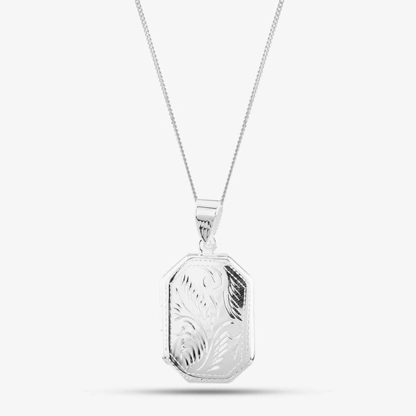 T. H. Baker Silver Engraved Oblong Locket Necklace 8.65.1799