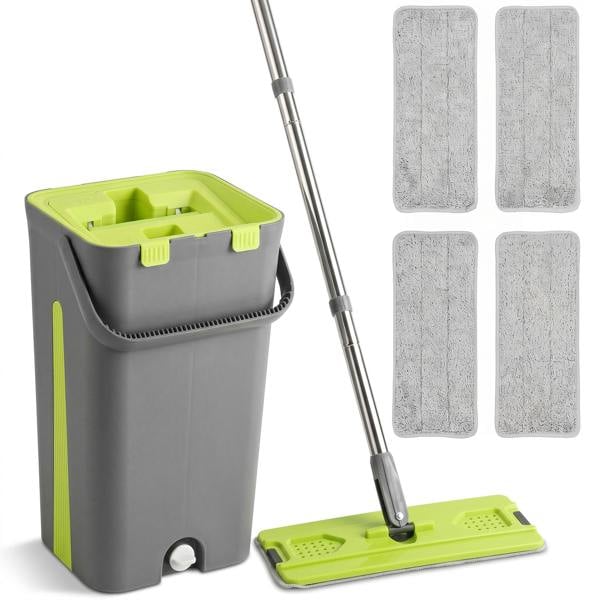 HOMCOM Mop and Bucket Set, Compact Flat Mop System, Dark Grey and Green