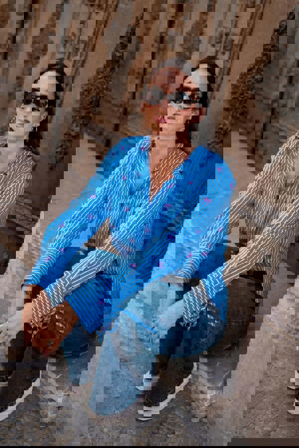 Gini London Blue Bow Embroidered Extreme Cuff Stripe Shirt