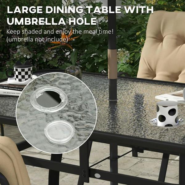 Black dining table with umbrella hole and beige chair backrest, outdoors setting