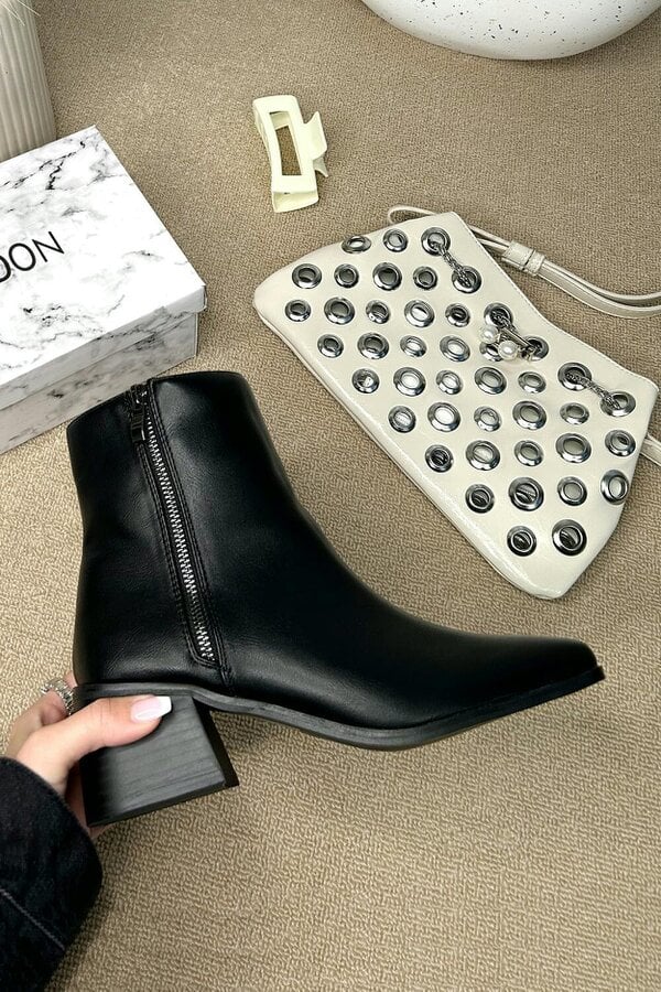 XY LONDON Square Toe Zip Up Mid Block Heel Ankle Booties