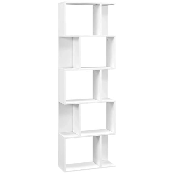 White S-shaped wooden bookshelf with five open shelves, freestanding storage rack.