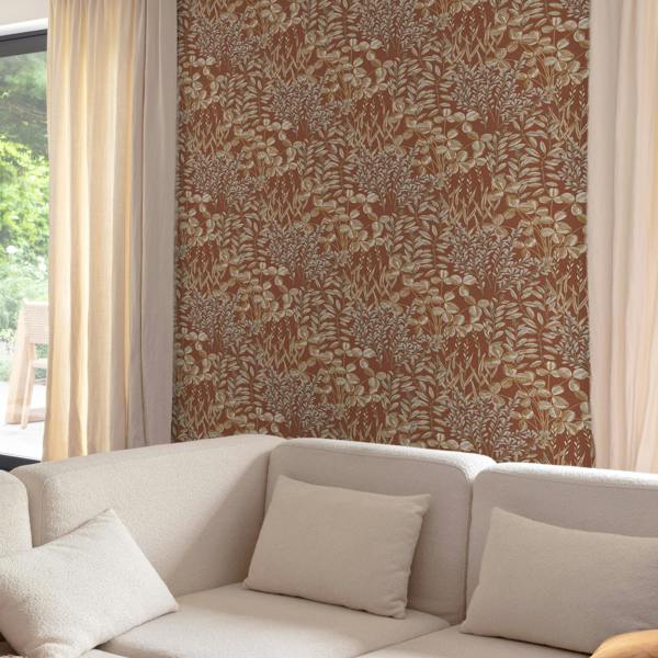 Grandeco Inia Stitched Embroidery Foliage Textured Wallpaper, Terracotta