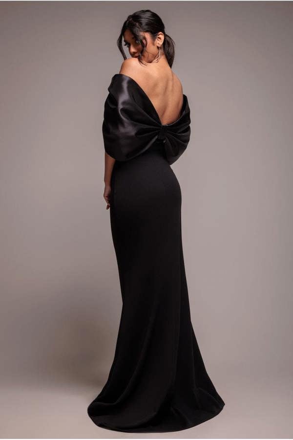 Off Shoulder Back Satin Bow Scuba Maxi Dress - Black DR4708