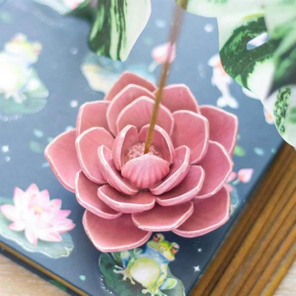 Pink water lily incense stick holder with central dish and rising incense stick