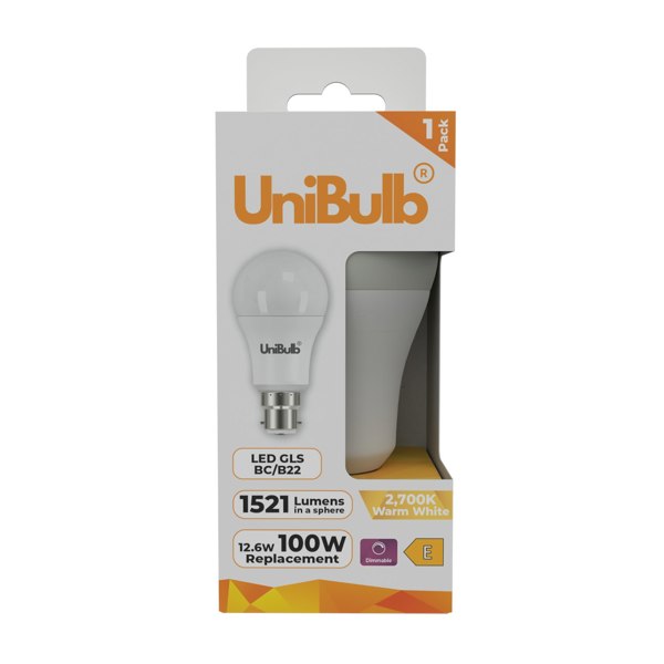 UniBulb LED GLS B22 1521lm 12.6W 2700K (Warm White) Light Bulb - Pack of 1 front