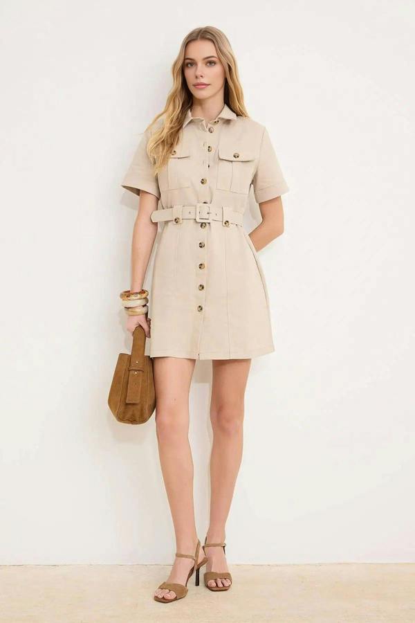 WOVCOR Belted Mini Gabardine Woven Shirt Dress