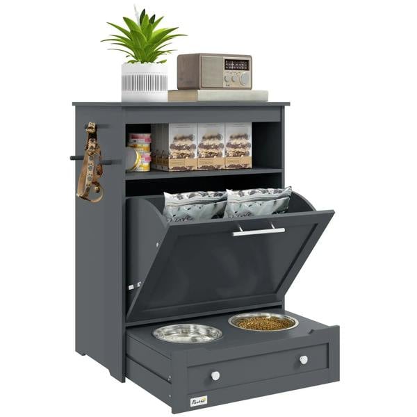 Grey pet feeder cabinet with raised stainless steel bowls and open storage door