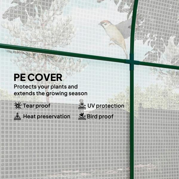 White polytunnel greenhouse with arched roof and translucent mesh cover, green frame