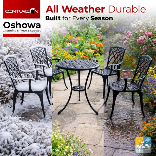 Centurion Supports OSHOWA Garden and Patio Table and 4 Large Chairs with Armrests Cast Aluminium Bistro Set - Green cushions