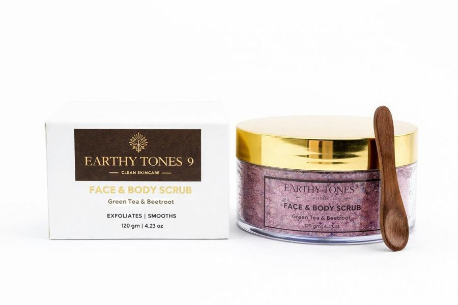 Earthy Tones 9 green tea & beetroot face and body scrub with packaging on a white background