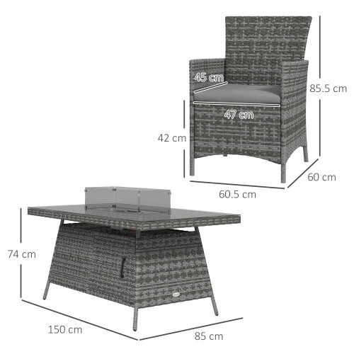 Wyld Haus Ravezi Rattan Grey 6 Seater Garden Dining Set With Fire Pit Table Glass