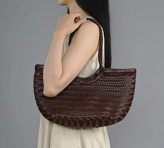 RIMINI Hand Weaving Leather Bucket 'Evelina' - Dark Brown