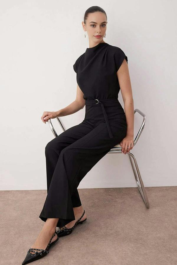 WOVCOR Wide Leg Cowl Neck Jumpsuit with Belt Detail