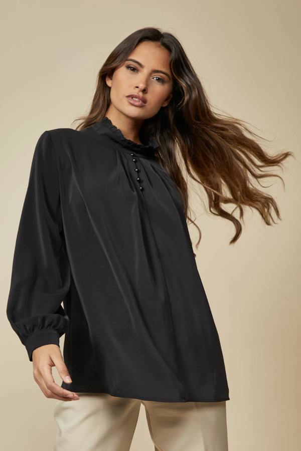 Hoxton Gal Oversized Ruffle Neck Top with Long Sleeves in Black