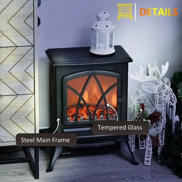 Black electric fireplace heater with tempered-glass flame window and steel main frame