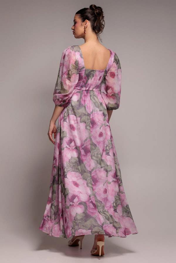 Puff Sleeve A-Line Printed Chiffon Maxi Dress With Split - Blush Pink DR4550
