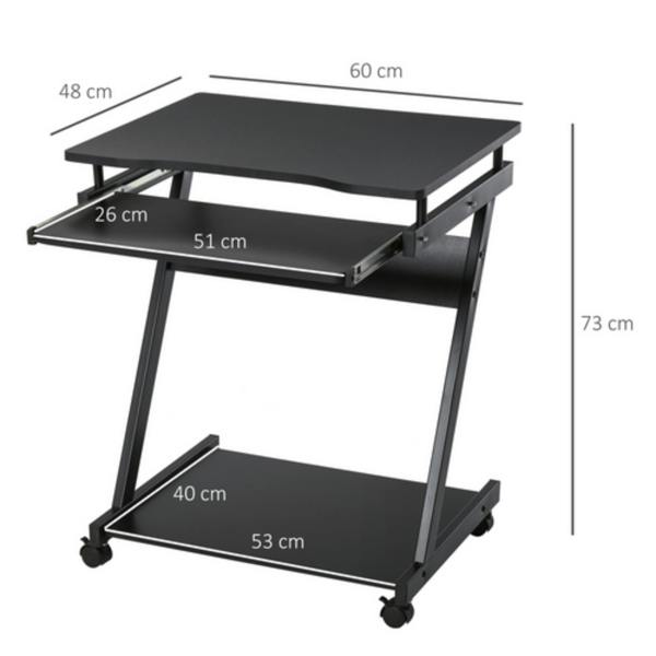 Dyzi Movable Computer Desk with Keyboard Tray Shelf and Wheels Black