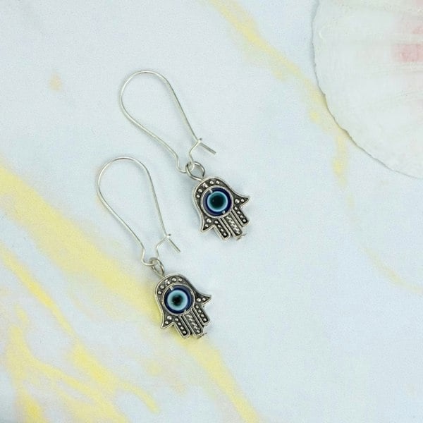 The Colourful Aura Long Silver Evil Eye Dainty Fatima Hand Hamsa Huggie Latch Back Boho Earrings