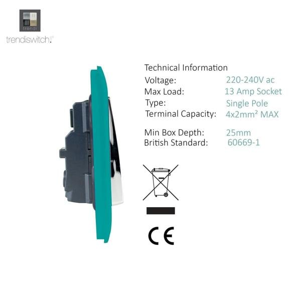 Trendi Switch 2 Gang Long Switched Plug Socket in Bright Teal