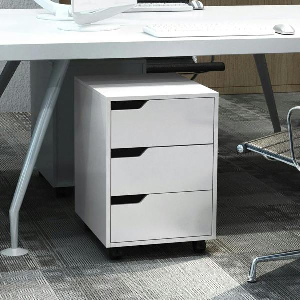 White three-drawer mobile file cabinet under a desk with drawers closed