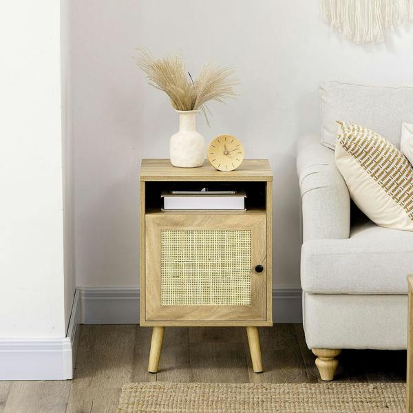 Natural wood bedside table with open shelf, rattan door panel, and black knob